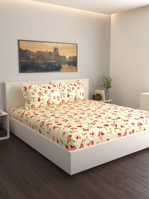 

GRES HOME Cream-Coloured & Pink Floral 120 TC Cotton 1 King Bedsheet with 2 Pillow Covers