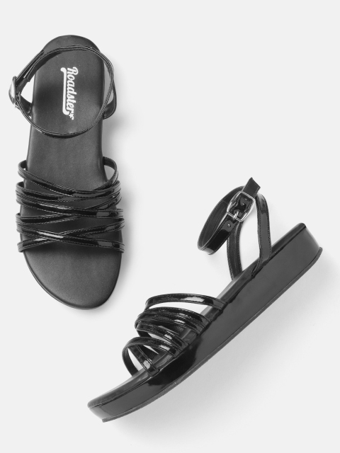 

Roadster Women Black Solid Patent Finish Strappy Open Toe Flats