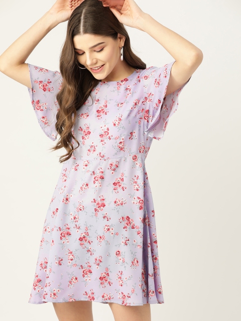 

DressBerry Women Lavender & Pink Floral Printed A-Line Dress