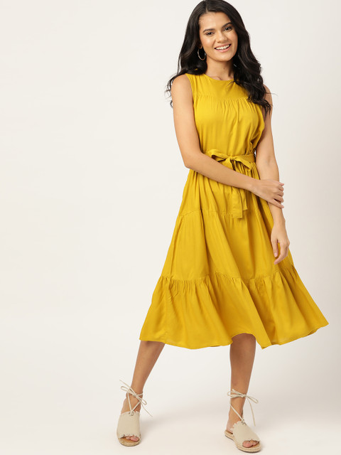 

DressBerry Mustard Yellow Solid A-Line Midi EcoVero Sustainable Dress