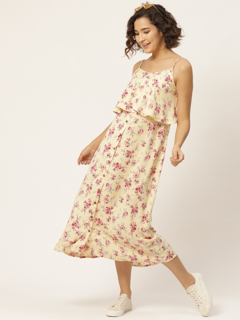 

DressBerry Cream-Coloured & Pink Floral Layered A-Line Midi Dress