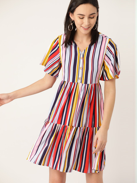 

DressBerry Women Red & Blue Striped Tiered A-Line Dress With Flared Sleeves