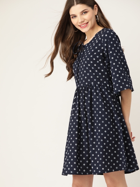 

DressBerry Women Navy Blue & White Polka Dot Printed A-Line Dress
