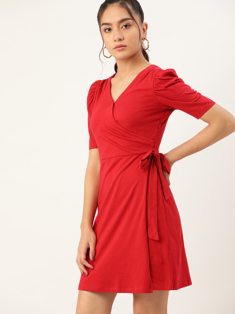 

DressBerry Women Red Solid Pure Cotton Wrap Dress