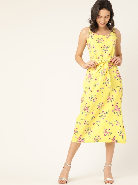 

DressBerry Women Lime Yellow & Pink Printed A-Line Dress