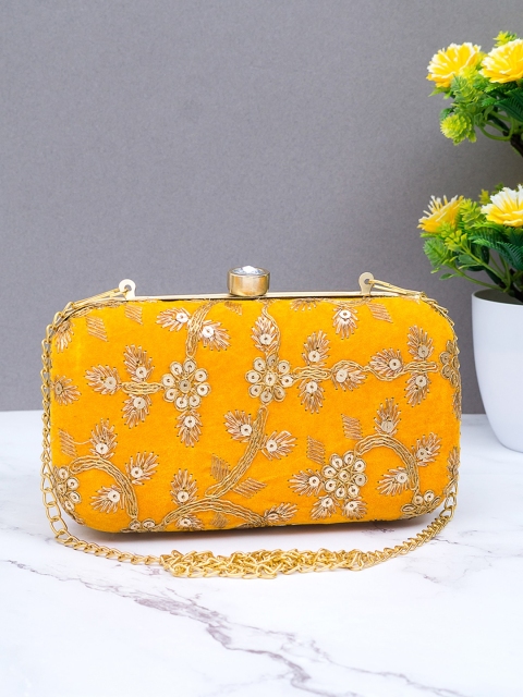 

Golden Peacock Yellow & Gold-Toned Embellished Embroidered Clutch