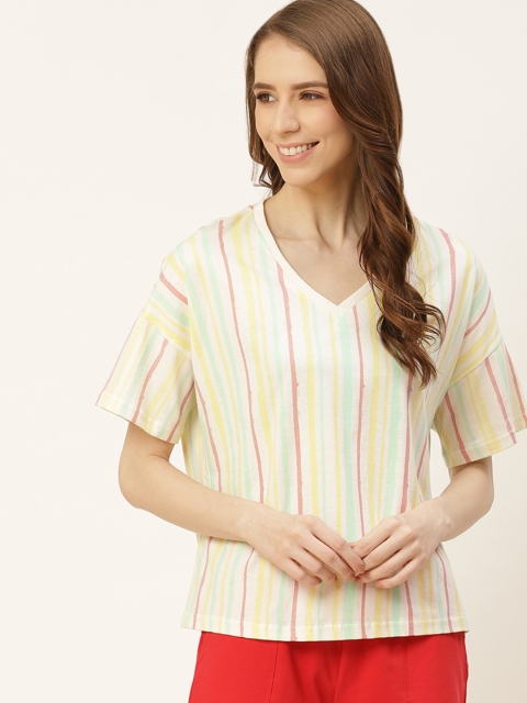 

DressBerry Women Beige & Yellow Striped Pure Cotton Lounge T-Shirt