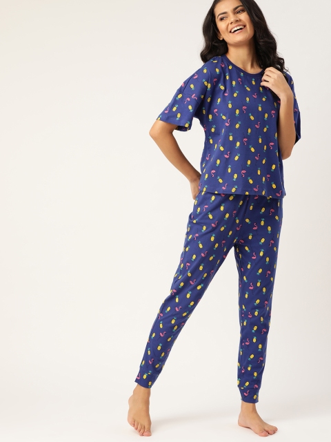 

DressBerry Women Blue & Yellow Pineapple Printed Pure Cotton Pyjama Set