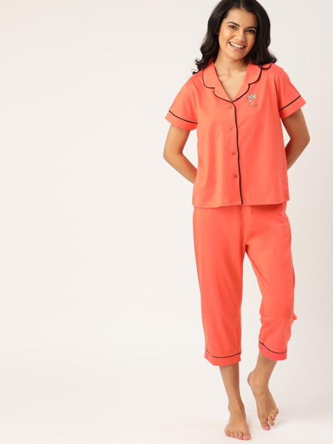 

DressBerry Women Coral Orange & Black Printed Detail Pyjama Set
