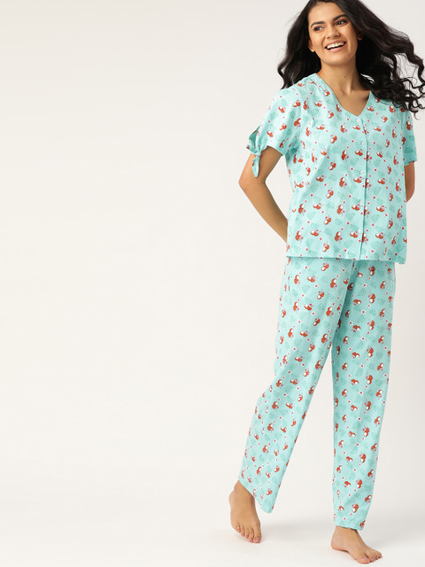 

DressBerry Women Blue & Red Coconut Printed Pure Cotton Pyjama Set