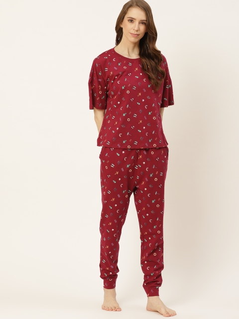 

DressBerry Women Maroon & Green Pure Cotton Printed Night suit