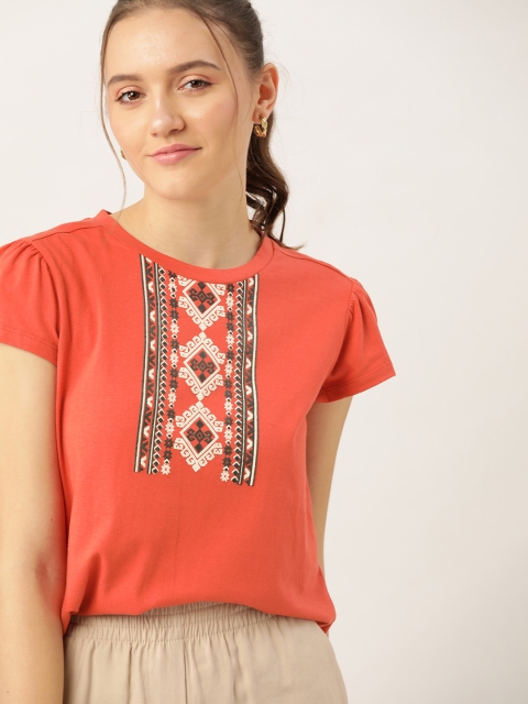 

DressBerry Orange & White Ethnic Motifs Print Pure Cotton Puff Sleeves Regular Top