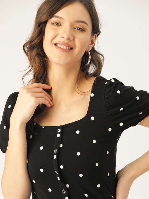 

DressBerry Black & White Puff Sleeve Polka Dots Print Monochrome Regular Top