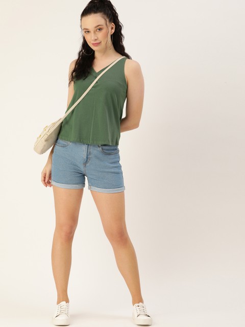 

DressBerry Green Solid Cotton Inverse Pleat A-Line Top