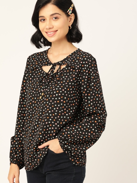 

DressBerry Women Black & Orange Printed Tie-Up Neck Top