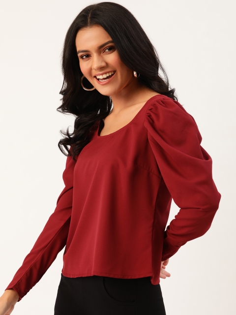 

DressBerry Maroon Solid Puff Sleeves Regular Top