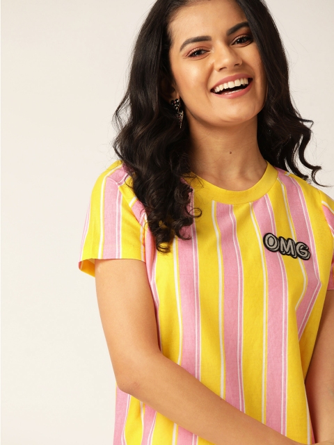 

DressBerry Women Yellow Pink Pure Cotton Striped Pure Cotton T-shirt