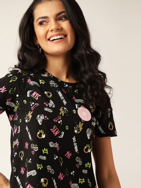 

DressBerry Women Black Pure Cotton Printed Applique Pure Cotton T-shirt