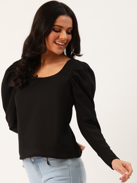 

DressBerry Black Solid Puff Sleeves Regular Top