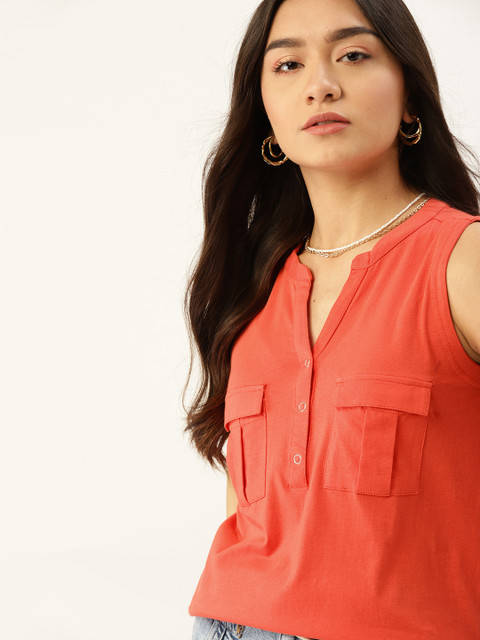 

DressBerry Coral Pink Pure Cotton Solid Regular Top
