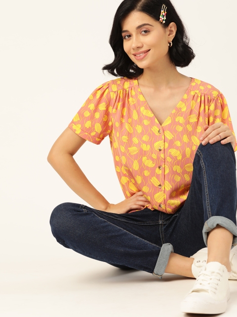 

DressBerry Women Peach-Coloured & Yellow Floral Print Top