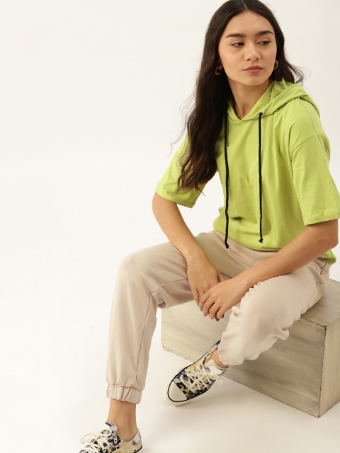 

DressBerry Women Lime Green Pure Cotton Drop-Shoulder Sleeves Hooded Pure Cotton T-shirt