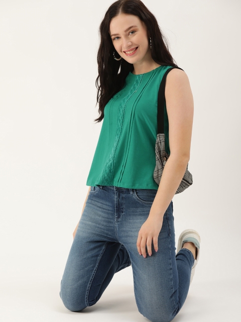 

DressBerry Teal Green Lace Insert Pure Cotton Regular Top