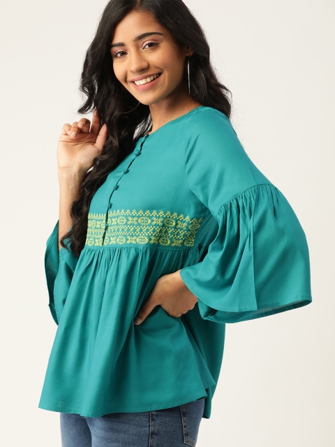 

DressBerry Blue & Green EcoVero Bell Sleeve A-Line Top, Teal