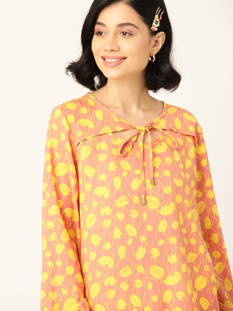 

DressBerry Women Peach-Coloured & Yellow Floral Print Tie-Up Neck Top