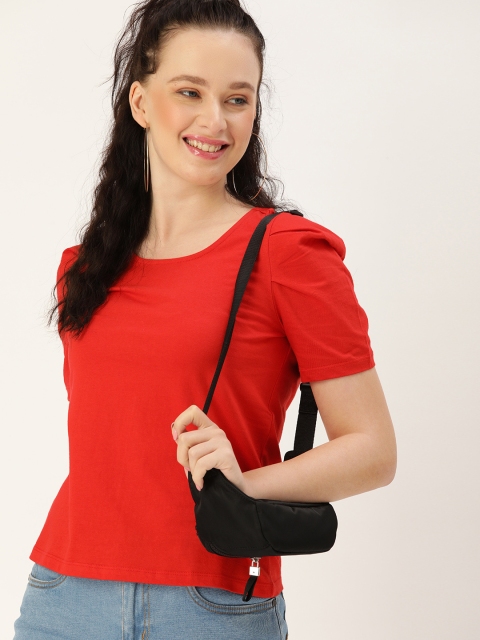 

DressBerry Red Solid Cotton Puff Sleeves Regular Top