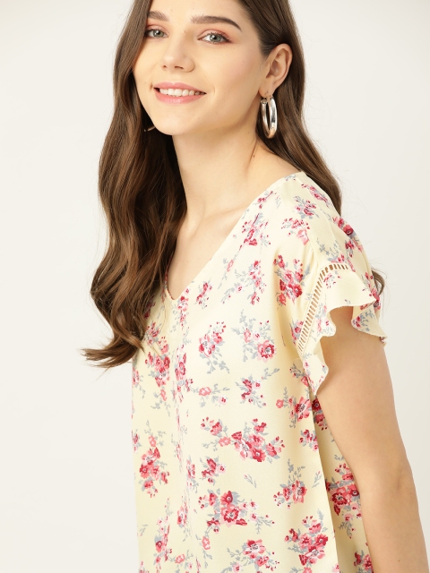 

DressBerry Cream-Coloured & Pink Floral Printed Regular Top