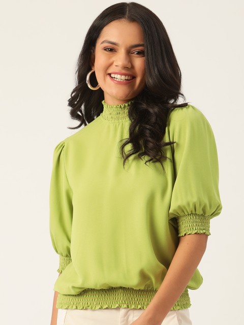 

DressBerry Lime Green Solid High Neck Puff Sleeves Smocked Blouson Top