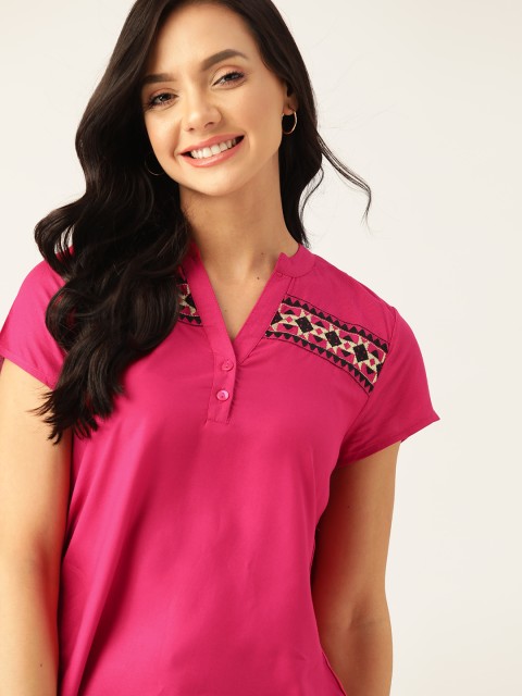 

DressBerry Pink & Black Sustainable Ecovero Mandarin Collar Regular Top