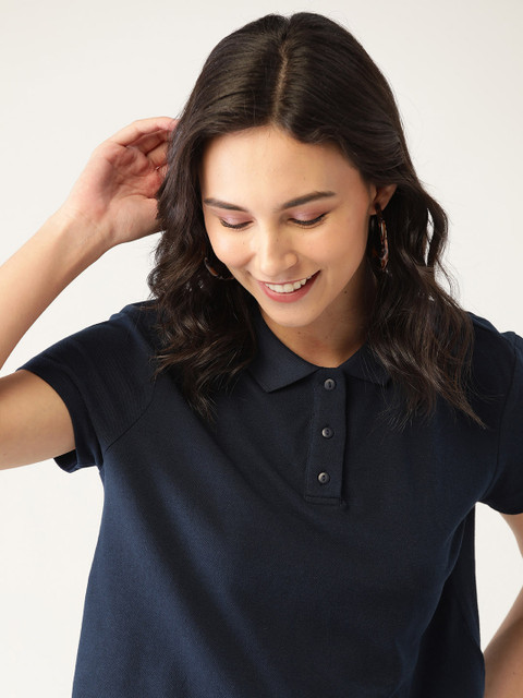 

DressBerry Women Navy Blue Pure Cotton Solid Polo Collar Crop T-shirt
