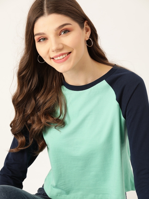 

DressBerry Women Sea Green & Navy Blue Pure Cotton Solid Round Neck T-shirt