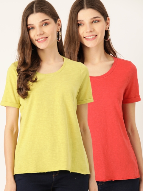 

DressBerry Women Solid Pack of 2 Solid Pure Cotton Round Neck T-shirts, Lime green