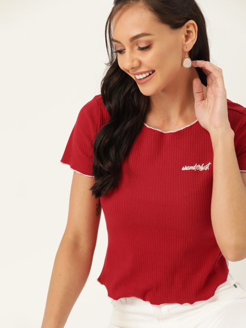 

DressBerry Women Maroon Solid Ribbed Regular Top