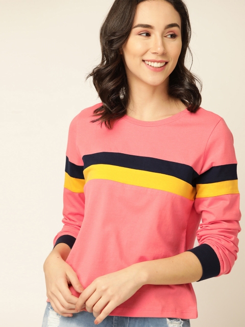 

DressBerry Women Pink & Navy Blue Striped Pure Cotton Round Neck T-shirt