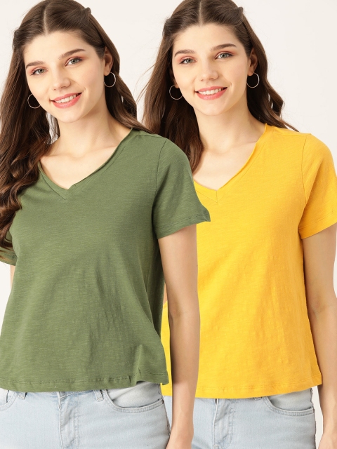 

DressBerry Women Pack of 2 Solid V-Neck Pure Cotton T-shirts, Olive