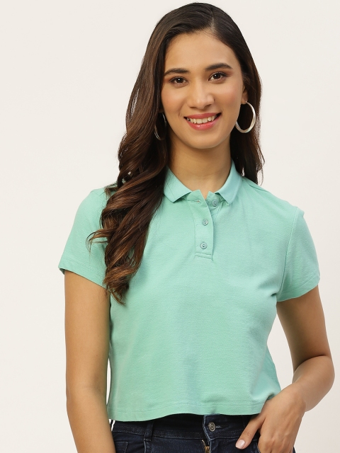 

DressBerry Women Green Pure Cotton Polo Collar Cropped Pure Cotton T-shirt