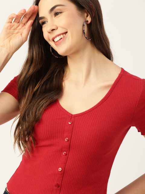 

DressBerry Women Red Striped V-Neck Ribbed T-shirt