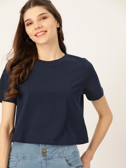 

DressBerry Women Navy Blue Solid Pure Cotton Round Neck T-shirt