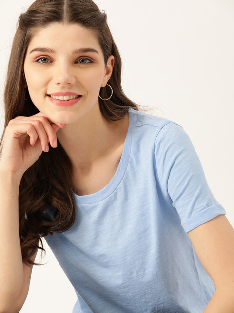 

DressBerry Women Blue Solid Pure Cotton Round Neck T-shirt