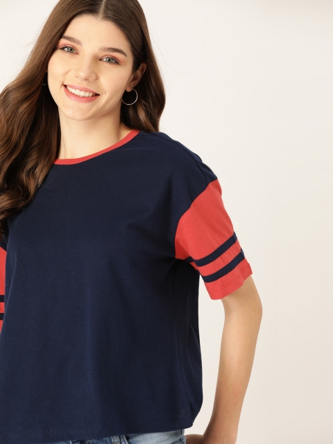 

DressBerry Women Navy Blue Solid Pure Cotton Round Neck T-shirt