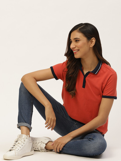

DressBerry Women Coral Red Pure Cotton Polo Collar Pure Cotton T-shirt