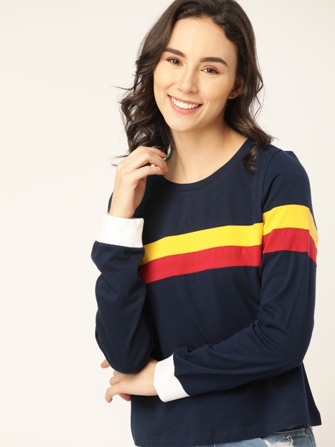 

DressBerry Women Navy Blue & Mustard Yellow Striped Pure Cotton Round Neck T-shirt