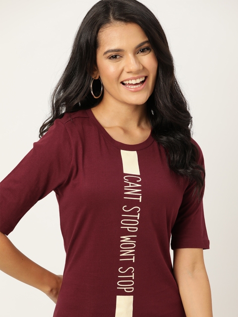 

DressBerry Women Burgundy Typography Printed Pure Cotton T-shirt