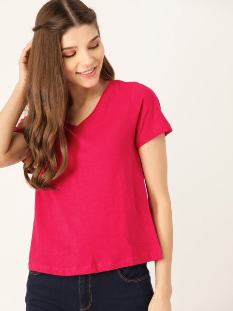 

DressBerry Women Fuchsia Pink Solid Pure Cotton V-Neck T-shirt