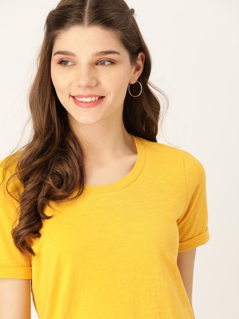 

DressBerry Women Yellow Solid Pure Cotton Round Neck T-shirt
