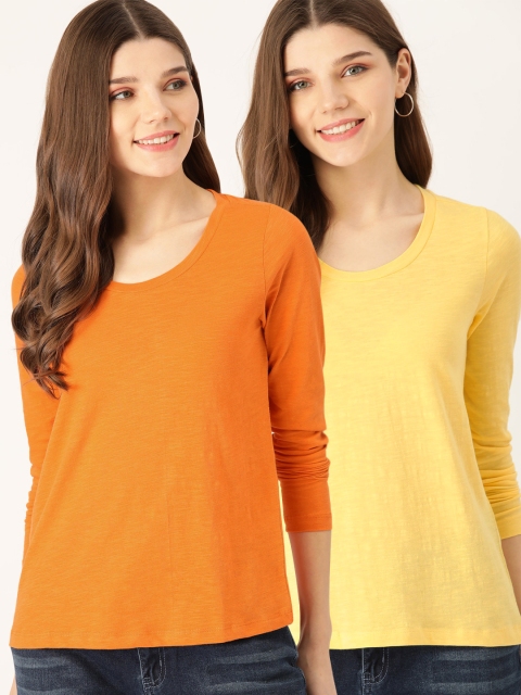 

DressBerry Women Pack Of 2 Solid Round Neck Pure Cotton T-shirt, Orange